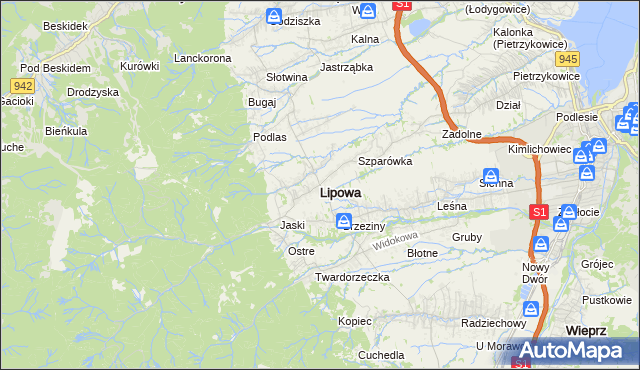 mapa Lipowa powiat żywiecki, Lipowa powiat żywiecki na mapie Targeo