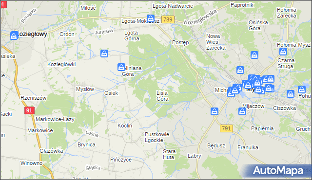 mapa Lisia Góra gmina Koziegłowy, Lisia Góra gmina Koziegłowy na mapie Targeo