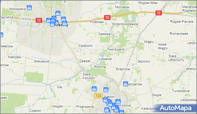 mapa Lisowice gmina Koluszki, Lisowice gmina Koluszki na mapie Targeo