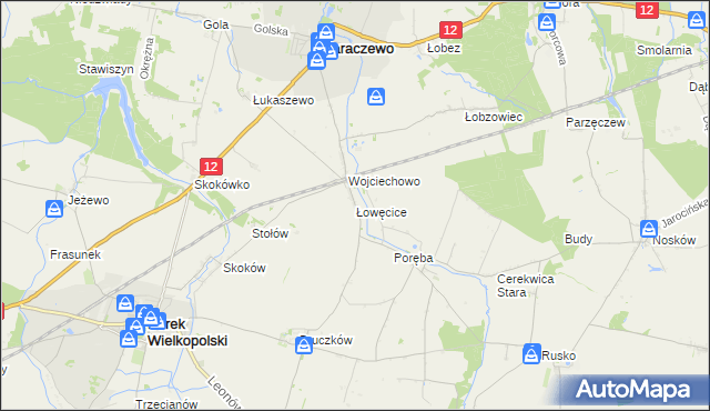 mapa Łowęcice gmina Jaraczewo, Łowęcice gmina Jaraczewo na mapie Targeo