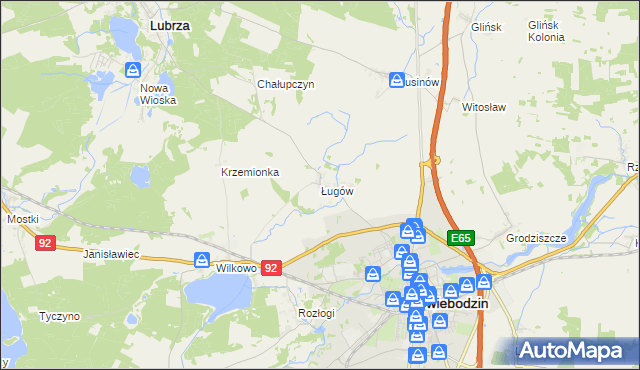 mapa Ługów gmina Świebodzin, Ługów gmina Świebodzin na mapie Targeo