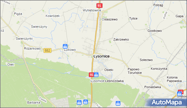 mapa Łysomice powiat toruński, Łysomice powiat toruński na mapie Targeo