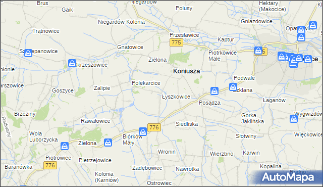 mapa Łyszkowice gmina Koniusza, Łyszkowice gmina Koniusza na mapie Targeo