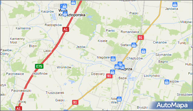 mapa Magdalenka gmina Rozprza, Magdalenka gmina Rozprza na mapie Targeo