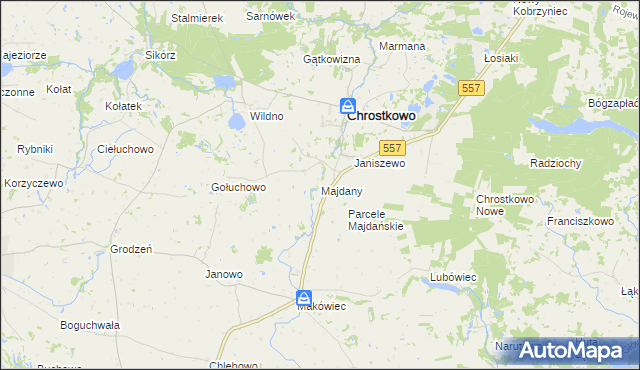mapa Majdany gmina Chrostkowo, Majdany gmina Chrostkowo na mapie Targeo
