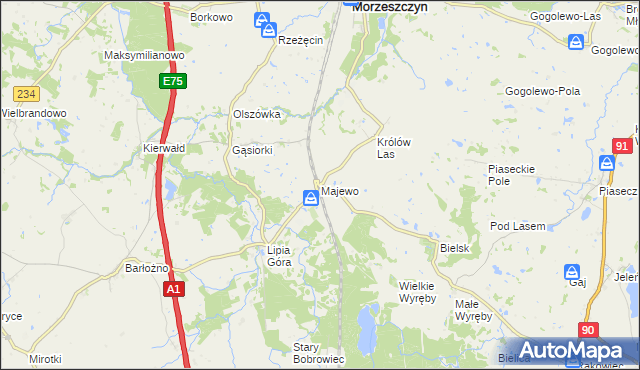 mapa Majewo gmina Morzeszczyn, Majewo gmina Morzeszczyn na mapie Targeo
