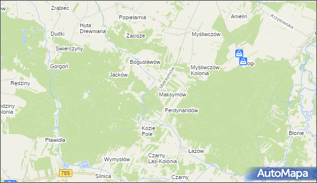 mapa Maksymów gmina Wielgomłyny, Maksymów gmina Wielgomłyny na mapie Targeo
