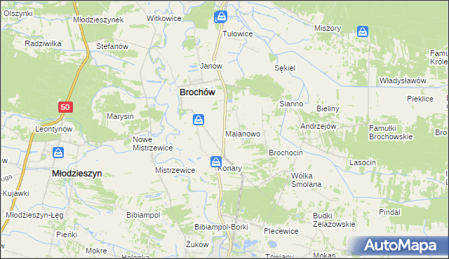 mapa Malanowo gmina Brochów, Malanowo gmina Brochów na mapie Targeo