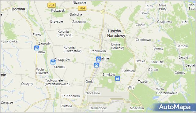 mapa Malinie gmina Tuszów Narodowy, Malinie gmina Tuszów Narodowy na mapie Targeo