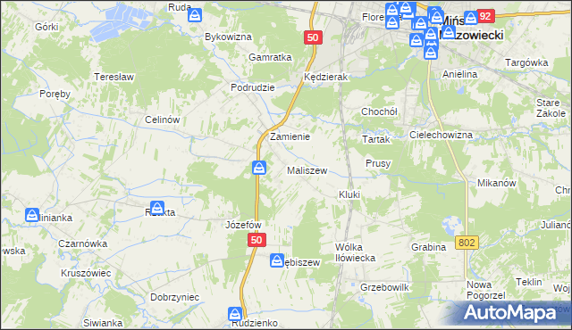 mapa Maliszew gmina Mińsk Mazowiecki, Maliszew gmina Mińsk Mazowiecki na mapie Targeo