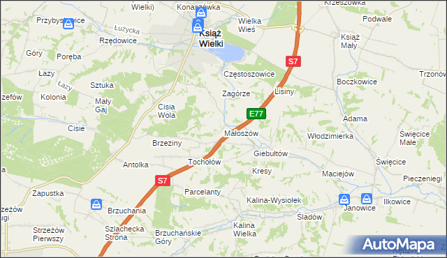 mapa Małoszów gmina Książ Wielki, Małoszów gmina Książ Wielki na mapie Targeo