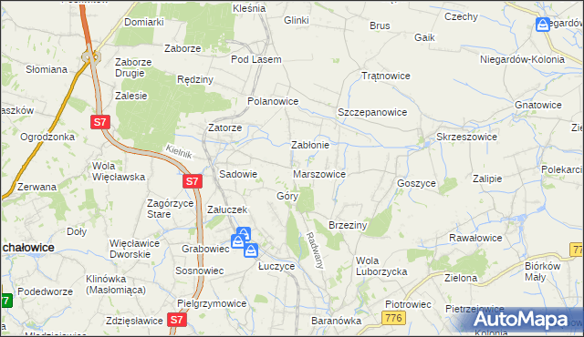 mapa Marszowice gmina Kocmyrzów-Luborzyca, Marszowice gmina Kocmyrzów-Luborzyca na mapie Targeo