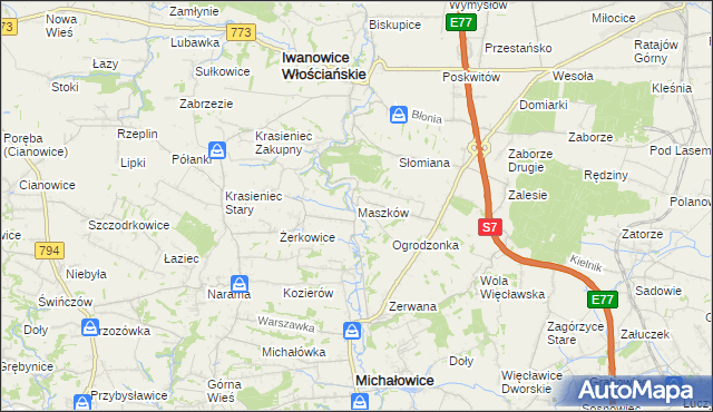 mapa Maszków gmina Iwanowice, Maszków gmina Iwanowice na mapie Targeo