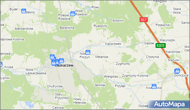 mapa Melanów gmina Łaskarzew, Melanów gmina Łaskarzew na mapie Targeo