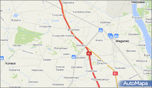 mapa Michalin gmina Waganiec, Michalin gmina Waganiec na mapie Targeo