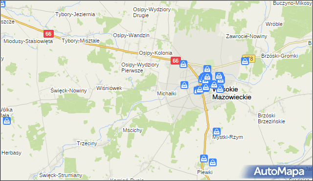 mapa Michałki gmina Wysokie Mazowieckie, Michałki gmina Wysokie Mazowieckie na mapie Targeo