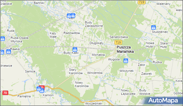 mapa Michałów gmina Puszcza Mariańska, Michałów gmina Puszcza Mariańska na mapie Targeo