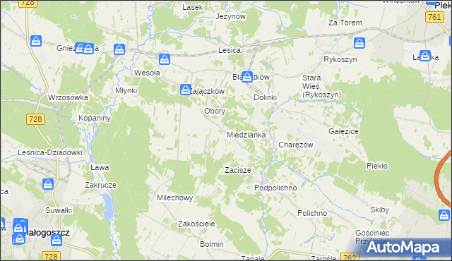 mapa Miedzianka gmina Chęciny, Miedzianka gmina Chęciny na mapie Targeo