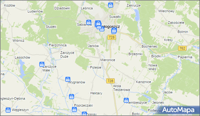 mapa Mieronice gmina Małogoszcz, Mieronice gmina Małogoszcz na mapie Targeo