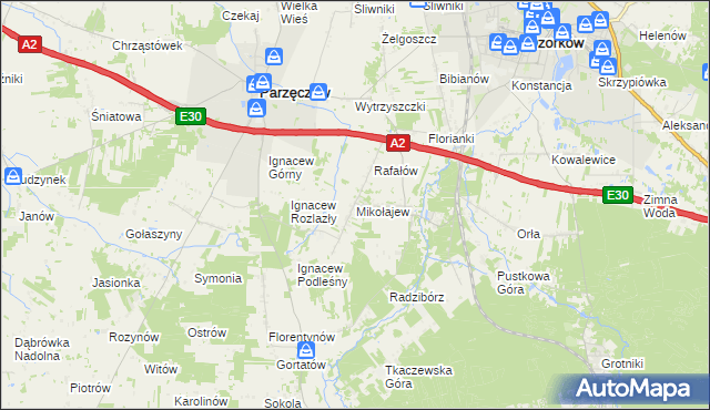 mapa Mikołajew gmina Parzęczew, Mikołajew gmina Parzęczew na mapie Targeo