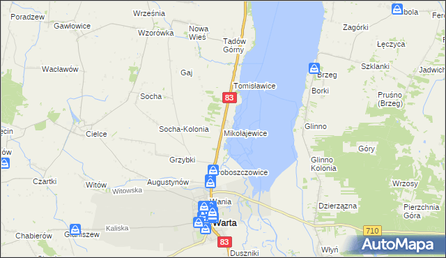 mapa Mikołajewice gmina Warta, Mikołajewice gmina Warta na mapie Targeo