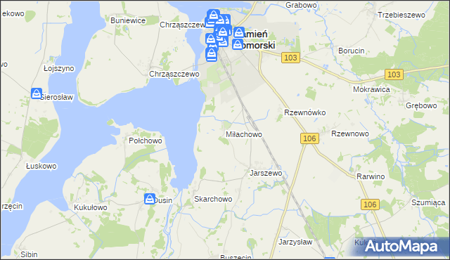 mapa Miłachowo gmina Kamień Pomorski, Miłachowo gmina Kamień Pomorski na mapie Targeo