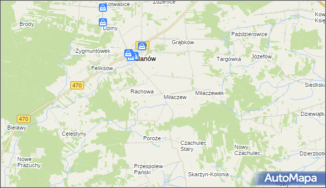 mapa Miłaczew gmina Malanów, Miłaczew gmina Malanów na mapie Targeo
