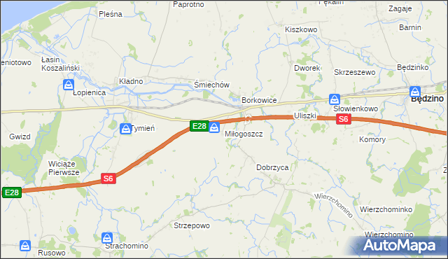 mapa Miłogoszcz gmina Będzino, Miłogoszcz gmina Będzino na mapie Targeo