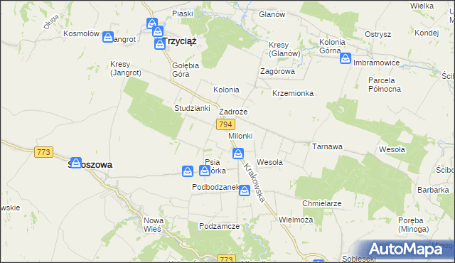 mapa Milonki gmina Trzyciąż, Milonki gmina Trzyciąż na mapie Targeo