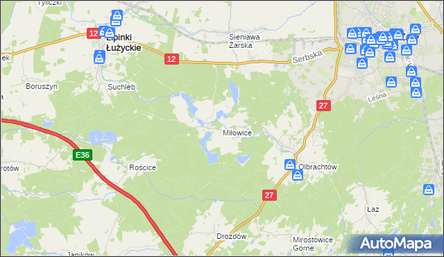 mapa Miłowice gmina Żary, Miłowice gmina Żary na mapie Targeo