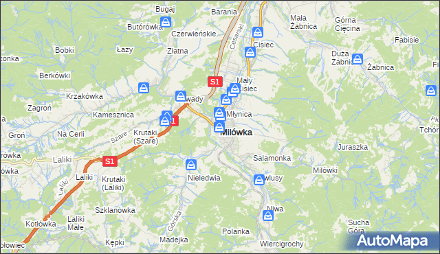 mapa Milówka powiat żywiecki, Milówka powiat żywiecki na mapie Targeo