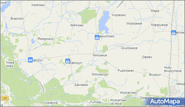 mapa Mirkowice gmina Mieścisko, Mirkowice gmina Mieścisko na mapie Targeo