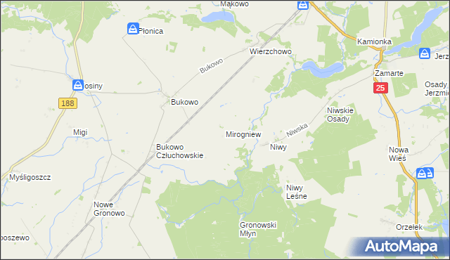 mapa Mirogniew gmina Człuchów, Mirogniew gmina Człuchów na mapie Targeo