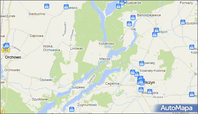 mapa Mlecze gmina Orchowo, Mlecze gmina Orchowo na mapie Targeo