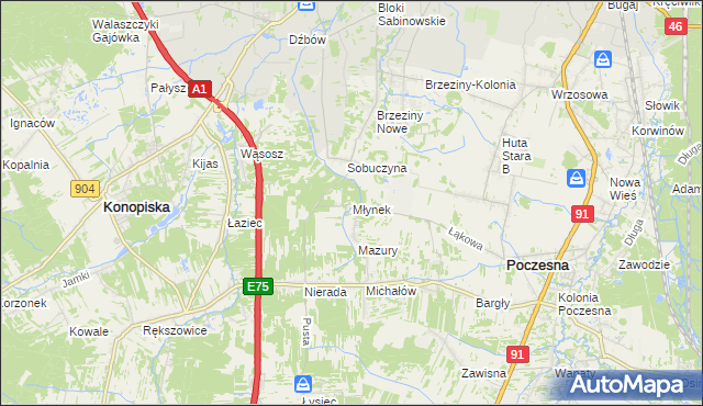 mapa Młynek gmina Poczesna, Młynek gmina Poczesna na mapie Targeo