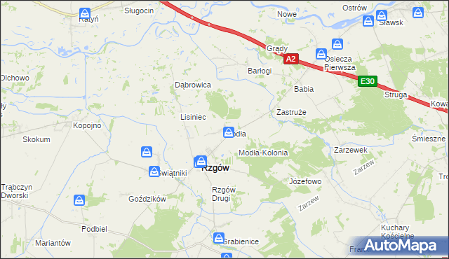 mapa Modła gmina Rzgów, Modła gmina Rzgów na mapie Targeo