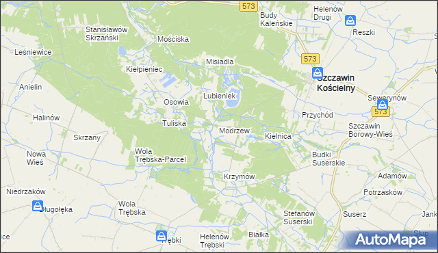 mapa Modrzew gmina Szczawin Kościelny, Modrzew gmina Szczawin Kościelny na mapie Targeo