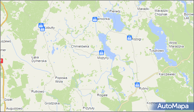 mapa Mojtyny gmina Biskupiec, Mojtyny gmina Biskupiec na mapie Targeo