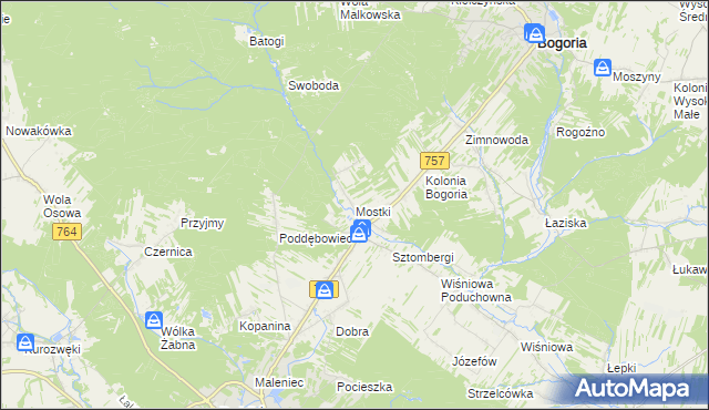 mapa Mostki gmina Staszów, Mostki gmina Staszów na mapie Targeo