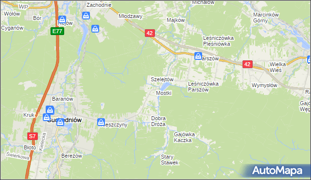 mapa Mostki gmina Suchedniów, Mostki gmina Suchedniów na mapie Targeo