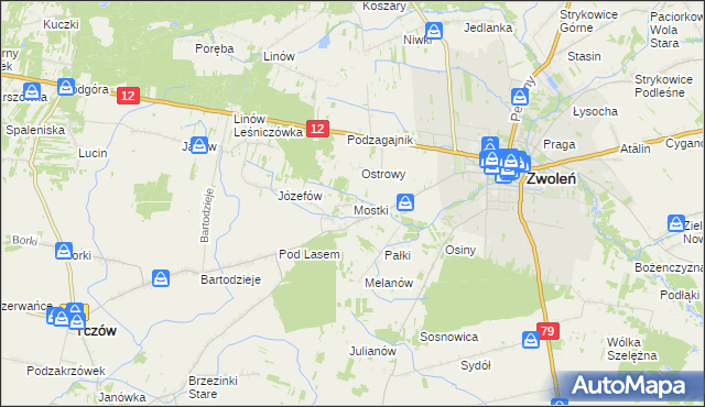 mapa Mostki gmina Zwoleń, Mostki gmina Zwoleń na mapie Targeo