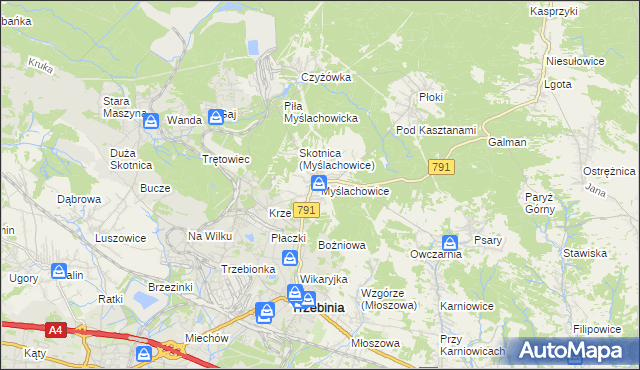 mapa Myślachowice, Myślachowice na mapie Targeo