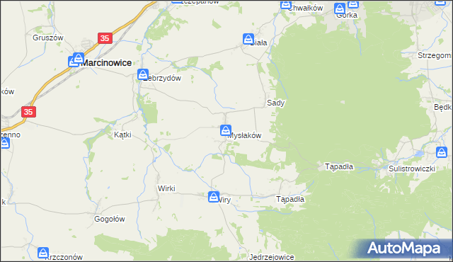 mapa Mysłaków gmina Marcinowice, Mysłaków gmina Marcinowice na mapie Targeo