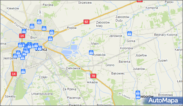 mapa Mysłaków gmina Nieborów, Mysłaków gmina Nieborów na mapie Targeo