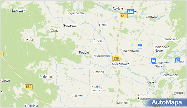 mapa Mysłakowo, Mysłakowo na mapie Targeo