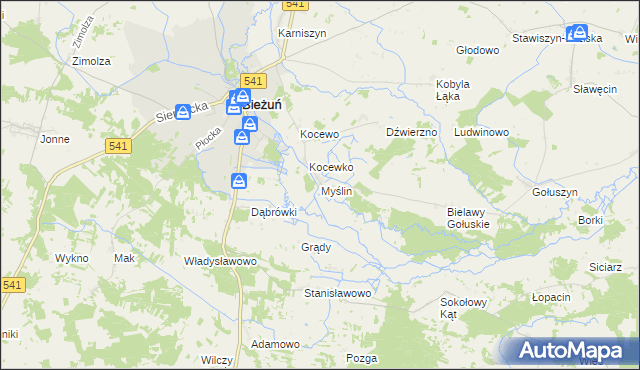 mapa Myślin, Myślin na mapie Targeo