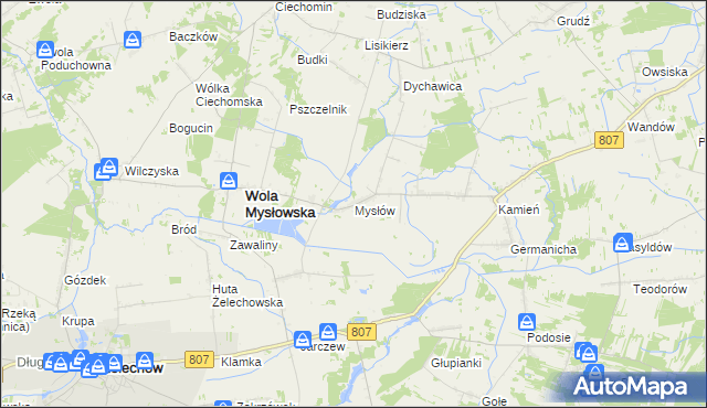 mapa Mysłów gmina Wola Mysłowska, Mysłów gmina Wola Mysłowska na mapie Targeo