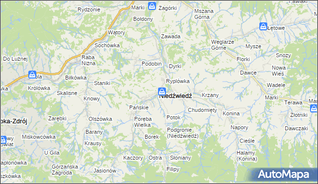 mapa Niedźwiedź powiat limanowski, Niedźwiedź powiat limanowski na mapie Targeo