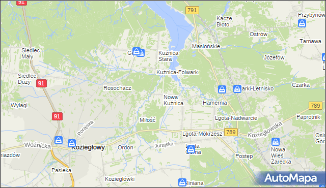 mapa Nowa Kuźnica gmina Koziegłowy, Nowa Kuźnica gmina Koziegłowy na mapie Targeo