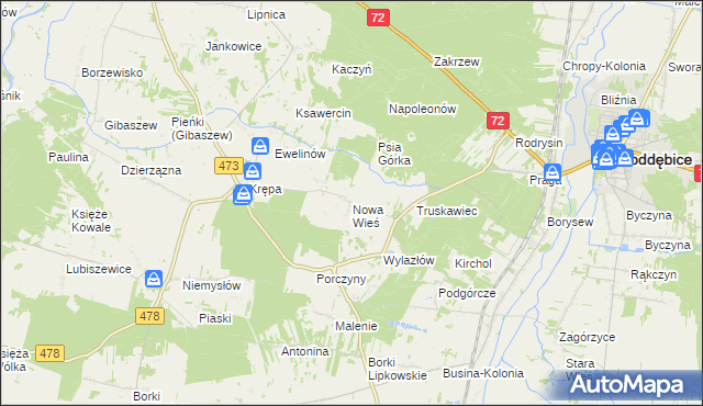 mapa Nowa Wieś gmina Poddębice, Nowa Wieś gmina Poddębice na mapie Targeo